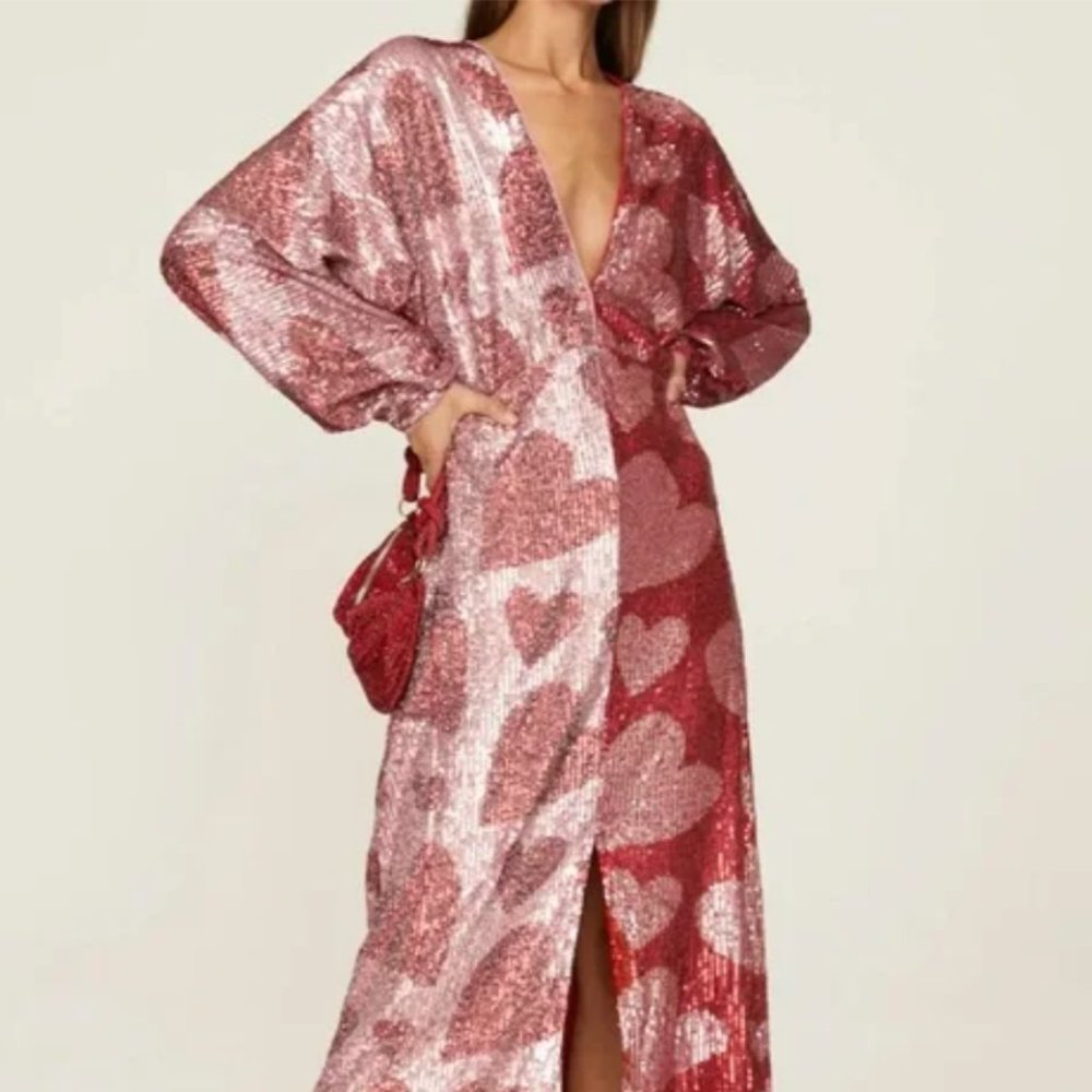 Farm Rio heart sequin midi dress pink and red